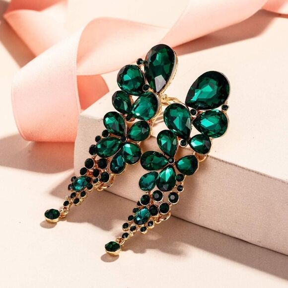 14KT Yellow Gold Emerald Triplet Diamond Bellissima  Yellow Gold with Emerald Austrian Crystal Chandelier Statement Clip On Earrings
